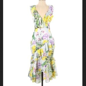 Vone Floral Ruffle Dress Women's Sleeveless‎ Yellow Purple Midi Size 4